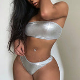 Metallic High Leg Cheeky Lace Up Bandeau Brazilian Two Piece Bikini Swimsuit